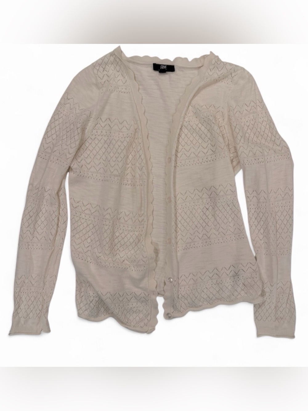 FRYE Ivory Pointelle Scalloped Cotton Cardigan – Size Medium